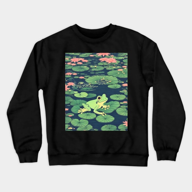 Vintage Cuban Tree Frog in the Lilypad Field Frog Lover Crewneck Sweatshirt by Mochabonk